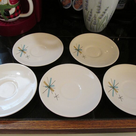 5 Vintage MCM Salem North Star Atomic Starburst Saucers Turquoise & Tan 1960s - Picture 8 of 16